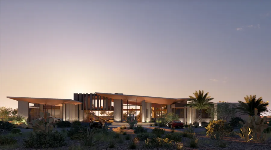 Front elevation of the residence at sunset