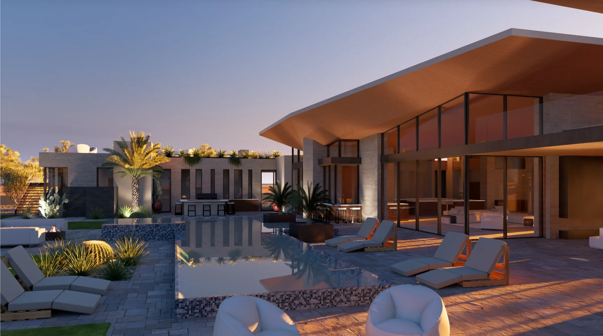 Pool terrace at dusk with mountain views
