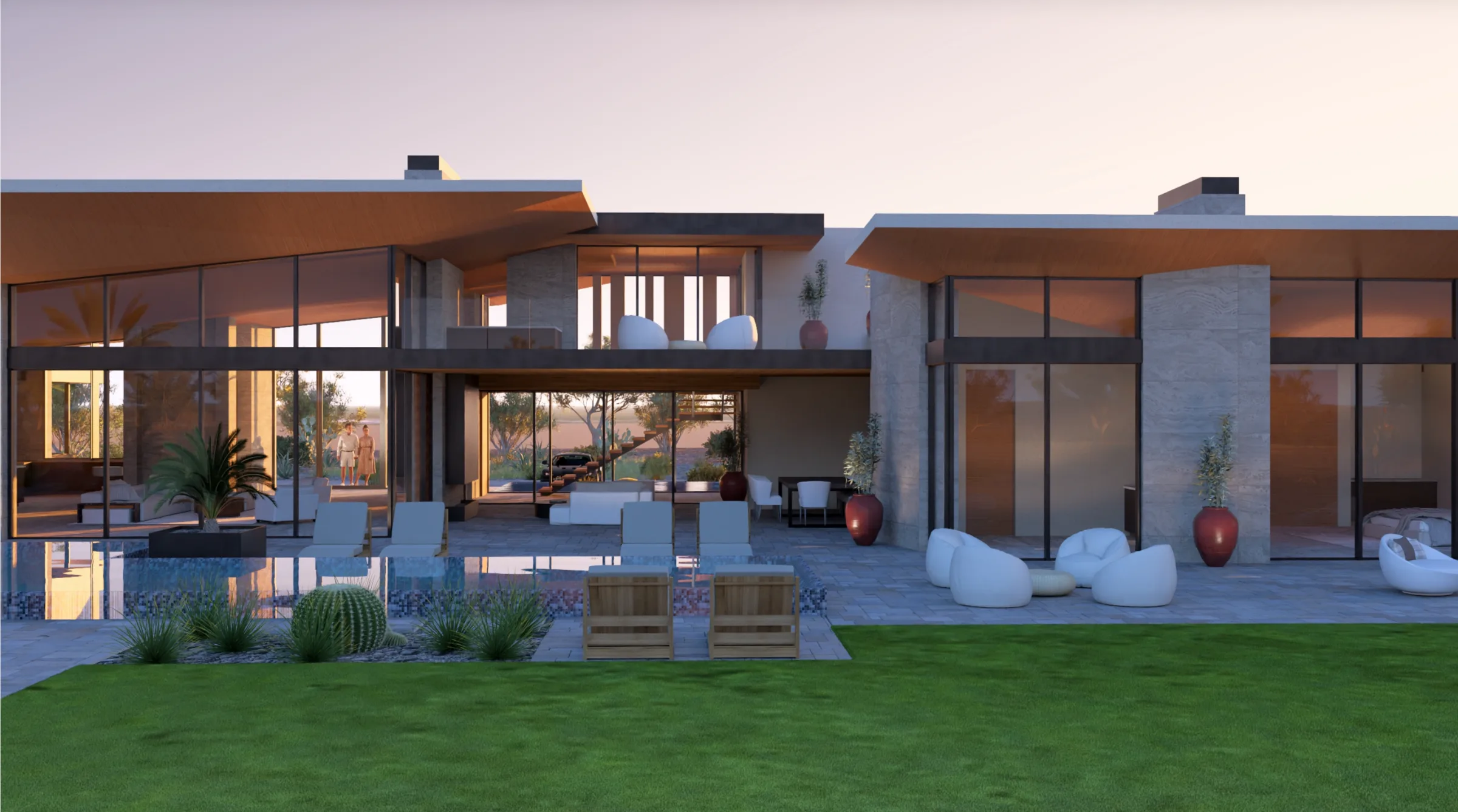 Rear yard with lawn and pool at evening